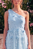 Vestido Maxi A-Line Azul Claro de um ombro com flores 3D