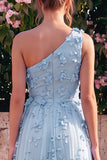 Vestido Maxi A-Line Azul Claro de um ombro com flores 3D