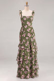 Vestido de dama de honor com flor verde A-Line em camadas de chiffon com alças grossas e alças espessas