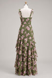 Vestido de dama de honor com flor verde A-Line em camadas de chiffon com alças grossas e alças espessas