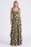 Vestido de dama de honor com flor verde A-Line em camadas de chiffon com alças grossas e alças espessas