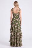 Vestido de dama de honor com flor verde A-Line em camadas de chiffon com alças grossas e alças espessas