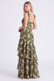 Vestido de dama de honor com flor verde A-Line em camadas de chiffon com alças grossas e alças espessas