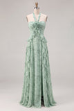 Vestido longo de dama de honor floral Sage A-Line em chiffon, decote halter com folhos e abertura