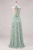 Vestido longo de dama de honor floral Sage A-Line em chiffon, decote halter com folhos e abertura