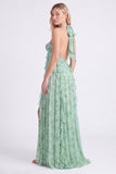 Vestido longo de dama de honor floral Sage A-Line em chiffon, decote halter com folhos e abertura