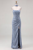 Vestido de dama de honor Jacquard Maxi azul poeirado com lenço de gola comprida