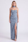 Vestido de dama de honor Jacquard Maxi azul poeirado com lenço de gola comprida