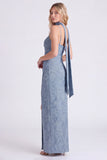 Vestido de dama de honor Jacquard Maxi azul poeirado com lenço de gola comprida