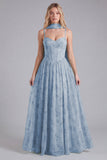 Vestido de Dama de Honor Espartilho A-Line em Chiffon Sálvia com Estampado Floral com Cachecol de Gola Comprida