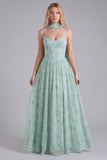 Vestido de Dama de Honor Espartilho A-Line em Chiffon Sálvia com Estampado Floral com Cachecol de Gola Comprida