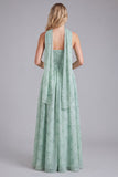 Vestido de Dama de Honor Espartilho A-Line em Chiffon Sálvia com Estampado Floral com Cachecol de Gola Comprida
