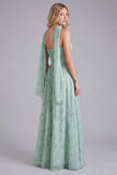 Vestido de Dama de Honor Espartilho A-Line em Chiffon Sálvia com Estampado Floral com Cachecol de Gola Comprida