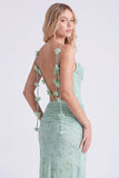 Vestido longo de dama de honor com alças finas florais em chiffon sálvia sereia