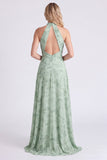 Vestido comprido de dama de honor Sálvia, decote halter e chiffon floral, com fenda