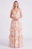 Vestido de dama de honor longo com alças finas em chiffon cor-de-rosa A-Line com folhos