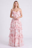 Vestido de dama de honor longo com alças finas em chiffon cor-de-rosa A-Line com folhos