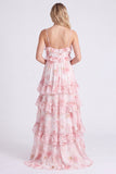 Vestido de dama de honor longo com alças finas em chiffon cor-de-rosa A-Line com folhos