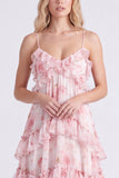 Vestido de dama de honor longo com alças finas em chiffon cor-de-rosa A-Line com folhos