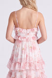 Vestido de dama de honor longo com alças finas em chiffon cor-de-rosa A-Line com folhos