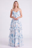 Vestido de dama de honor longo com alças finas em chiffon cor-de-rosa A-Line com folhos