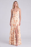 Vestido de dama de honor azul claro com alças finas florais de chiffon com folhos e abertura