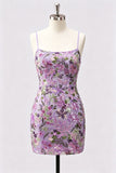 Vestido Curto de Finalistas Bodycon Bordado Floral Lilas, Vestido Curto de Regresso a Casa com Renda nas Costas