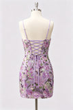 Vestido Curto de Finalistas Bodycon Bordado Floral Lilas, Vestido Curto de Regresso a Casa com Renda nas Costas