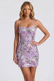 Vestido Curto de Finalistas Bodycon Bordado Floral Lilas, Vestido Curto de Regresso a Casa com Renda nas Costas
