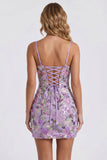 Vestido Curto de Finalistas Bodycon Bordado Floral Lilas, Vestido Curto de Regresso a Casa com Renda nas Costas