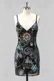 Bodycon azul-marinho com alças finas, lantejoulas, vestido curto de regresso a casa com renda nas costas