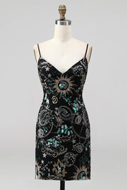 Bodycon azul-marinho com alças finas, lantejoulas, vestido curto de regresso a casa com renda nas costas