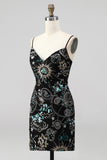 Bodycon azul-marinho com alças finas, lantejoulas, vestido curto de regresso a casa com renda nas costas