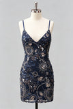 Bodycon azul-marinho com alças finas, lantejoulas, vestido curto de regresso a casa com renda nas costas