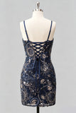 Bodycon azul-marinho com alças finas, lantejoulas, vestido curto de regresso a casa com renda nas costas