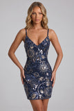 Bodycon azul-marinho com alças finas, lantejoulas, vestido curto de regresso a casa com renda nas costas