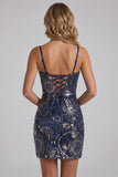Bodycon azul-marinho com alças finas, lantejoulas, vestido curto de regresso a casa com renda nas costas
