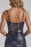 Bodycon azul-marinho com alças finas, lantejoulas, vestido curto de regresso a casa com renda nas costas
