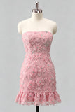 Vestido de Homecoming Bodycon Azul-Claro, Sem Alças, com Bordas Florais e Missangas, Bodycon Azul Claro