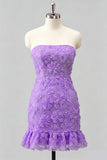 Vestido de Homecoming Bodycon Azul-Claro, Sem Alças, com Bordas Florais e Missangas, Bodycon Azul Claro