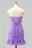 Vestido de Homecoming Bodycon Azul-Claro, Sem Alças, com Bordas Florais e Missangas, Bodycon Azul Claro