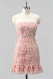 Vestido de Homecoming Bodycon Azul-Claro, Sem Alças, com Bordas Florais e Missangas, Bodycon Azul Claro