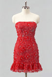 Vestido de Homecoming Bodycon Azul-Claro, Sem Alças, com Bordas Florais e Missangas, Bodycon Azul Claro