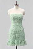 Vestido de Homecoming Bodycon Azul-Claro, Sem Alças, com Bordas Florais e Missangas, Bodycon Azul Claro