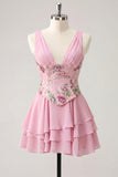 Vestido de Finalistas Rosa, Floral Rosa em V, com Lantejoulas em Estafetas, Linha A com Renda nas Costas