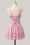 Vestido de Finalistas Rosa, Floral Rosa em V, com Lantejoulas em Estafetas, Linha A com Renda nas Costas