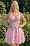 Vestido de Finalistas Rosa, Floral Rosa em V, com Lantejoulas em Estafetas, Linha A com Renda nas Costas