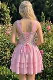 Vestido de Finalistas Rosa, Floral Rosa em V, com Lantejoulas em Estafetas, Linha A com Renda nas Costas