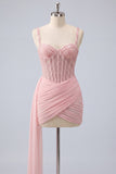 Espartilho cor-de-rosa com cordas franzidas, vestido de regresso a casa com faixa