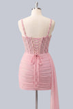 Espartilho cor-de-rosa com cordas franzidas, vestido de regresso a casa com faixa
